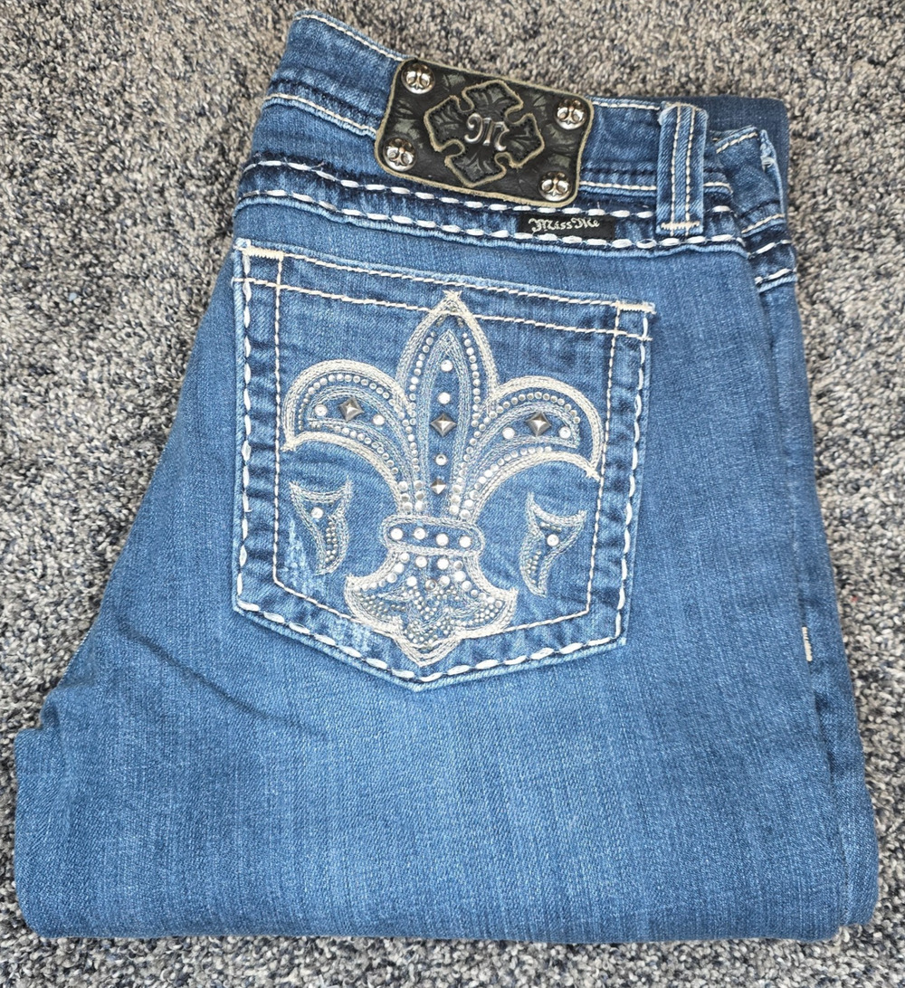 Miss Me Women's Jeans 31 Bootcut Blue Fleur de Lis Rhinestone Bling JE5073-2X